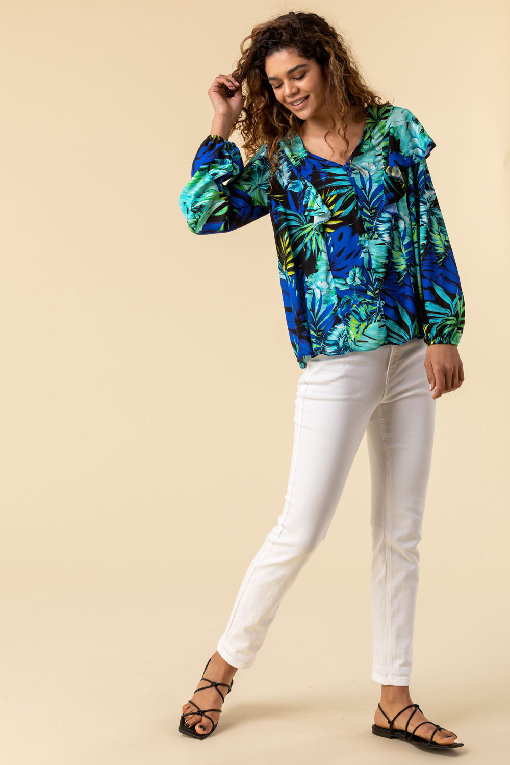 Green Palm Print Frill Sleeve Top, Image 3 of 5