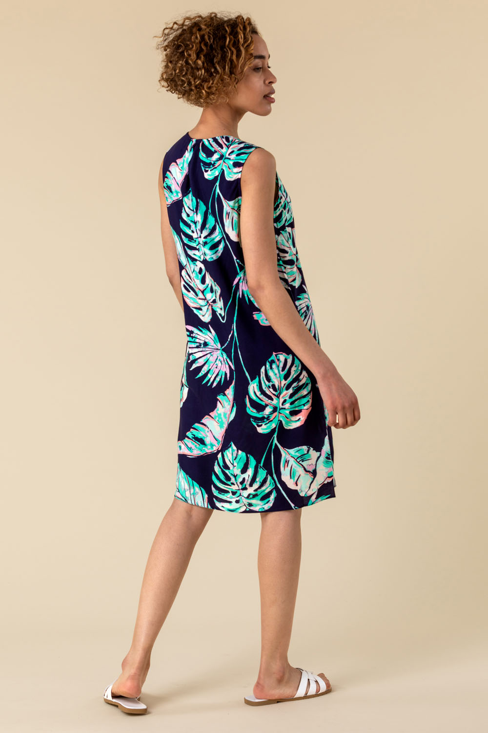 Navy  Tropical Palm Print Shift Dress, Image 2 of 4