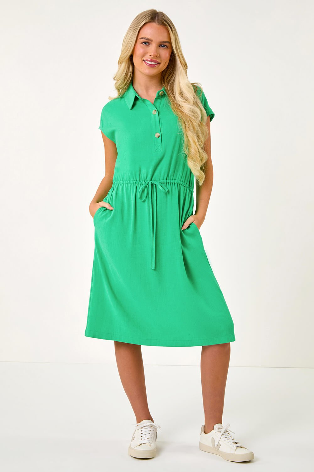 Green Petite Button Detail Tie Waist Shirt Dress, Image 2 of 5