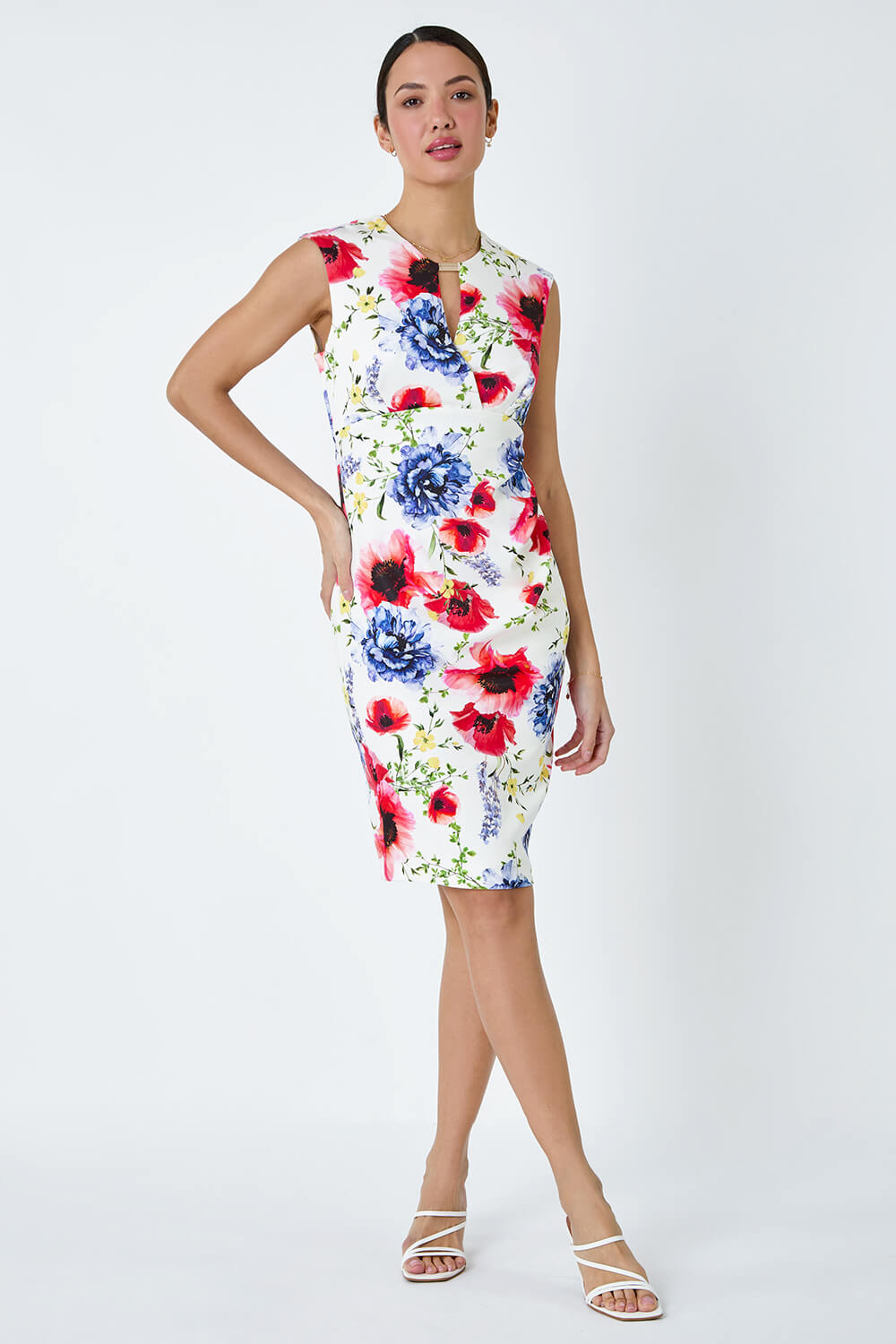 Ivory  Floral Print Ruched Shift Stretch Dress, Image 2 of 5