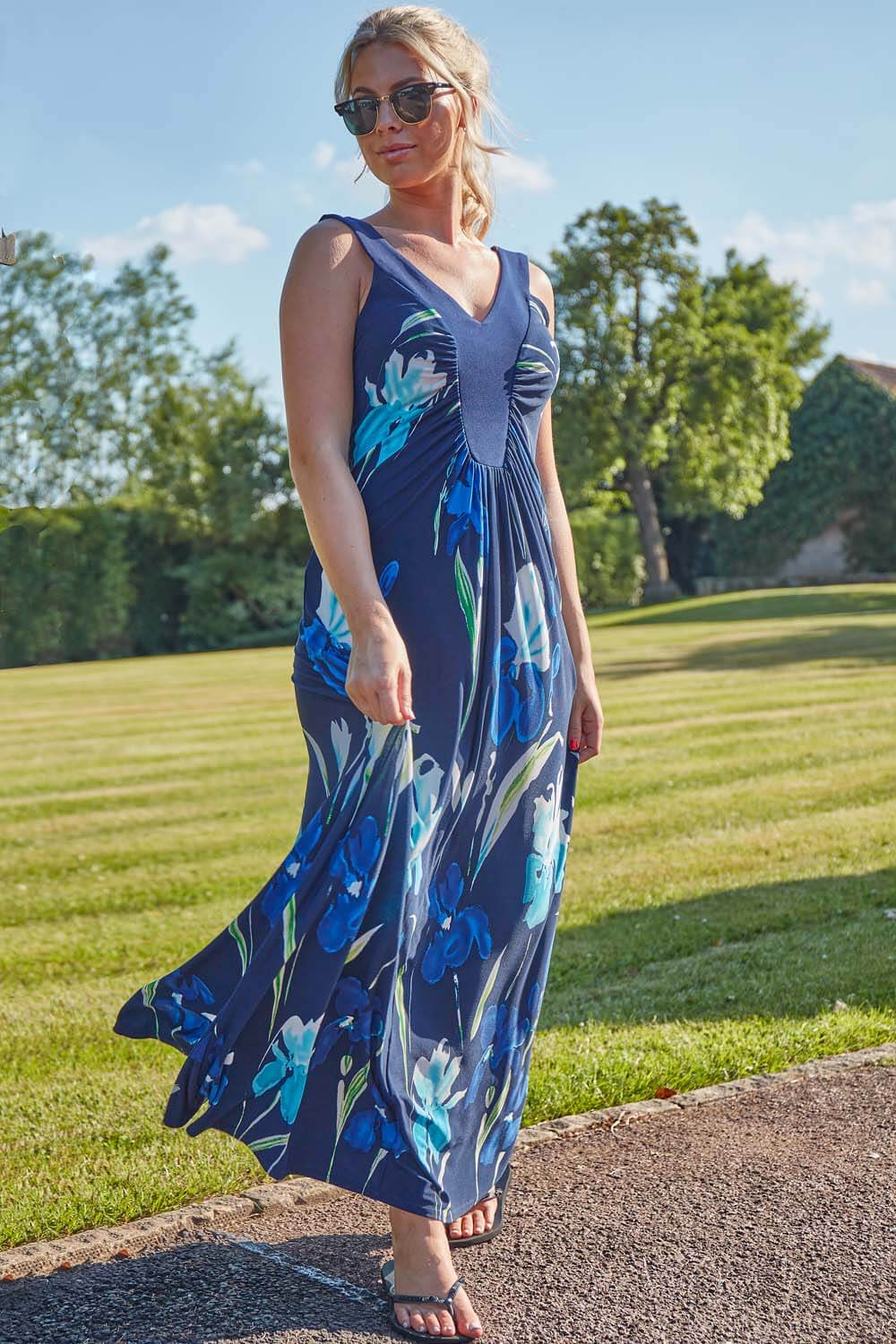 Navy  Floral Contrast Band Maxi Dress, Image 2 of 4