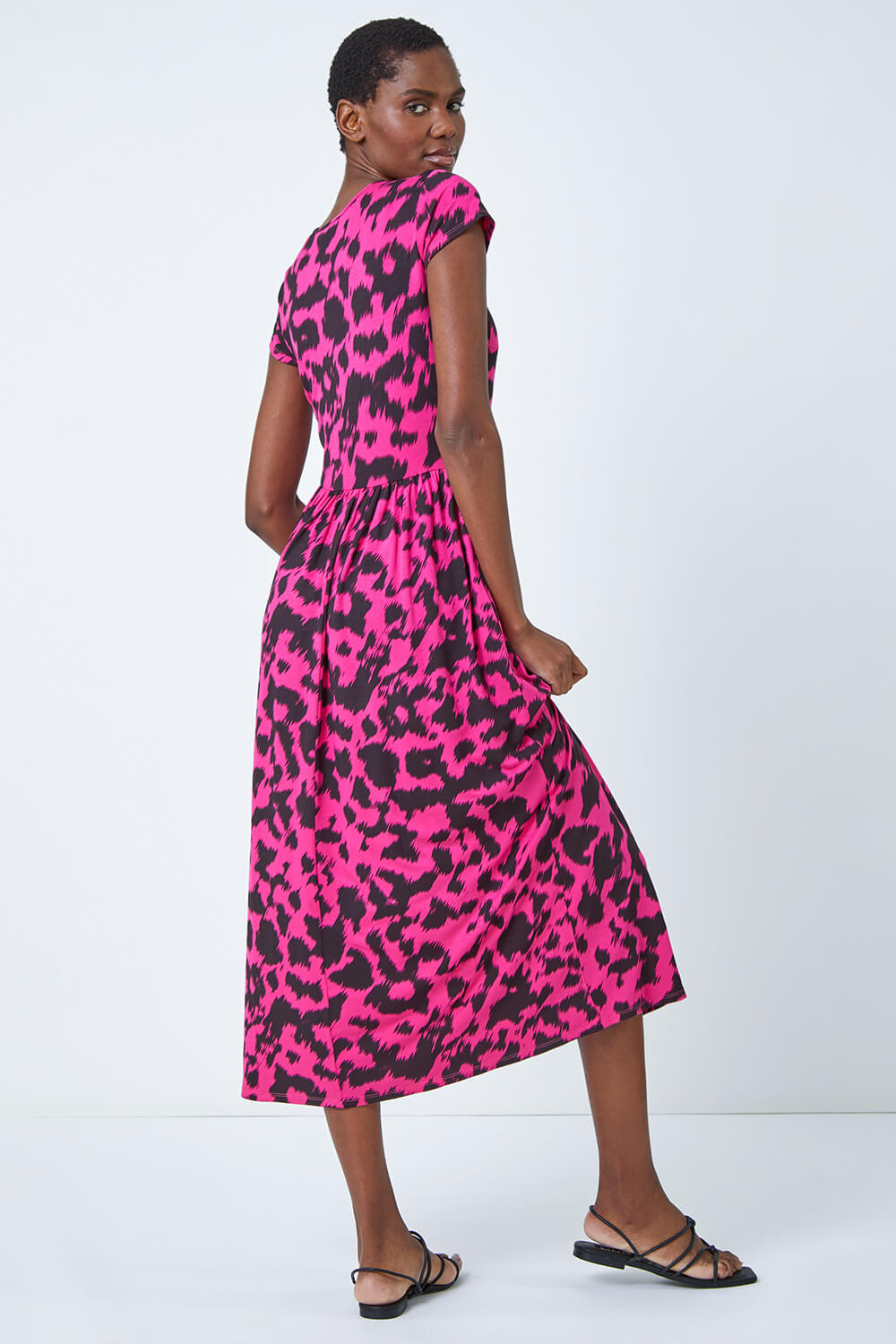 Fuchsia Abstract Print Gathered Skirt Midi Dress, Image 3 of 5