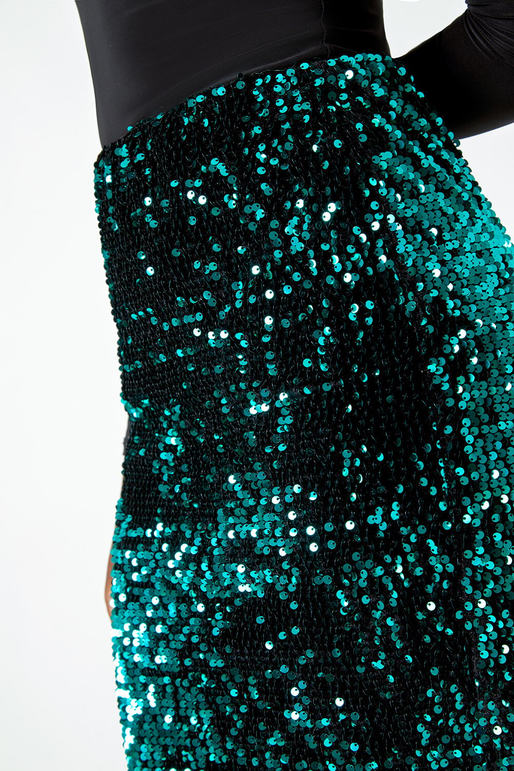 Teal Sequin Embellished Velour Stretch Skirt, Image 4 of 6