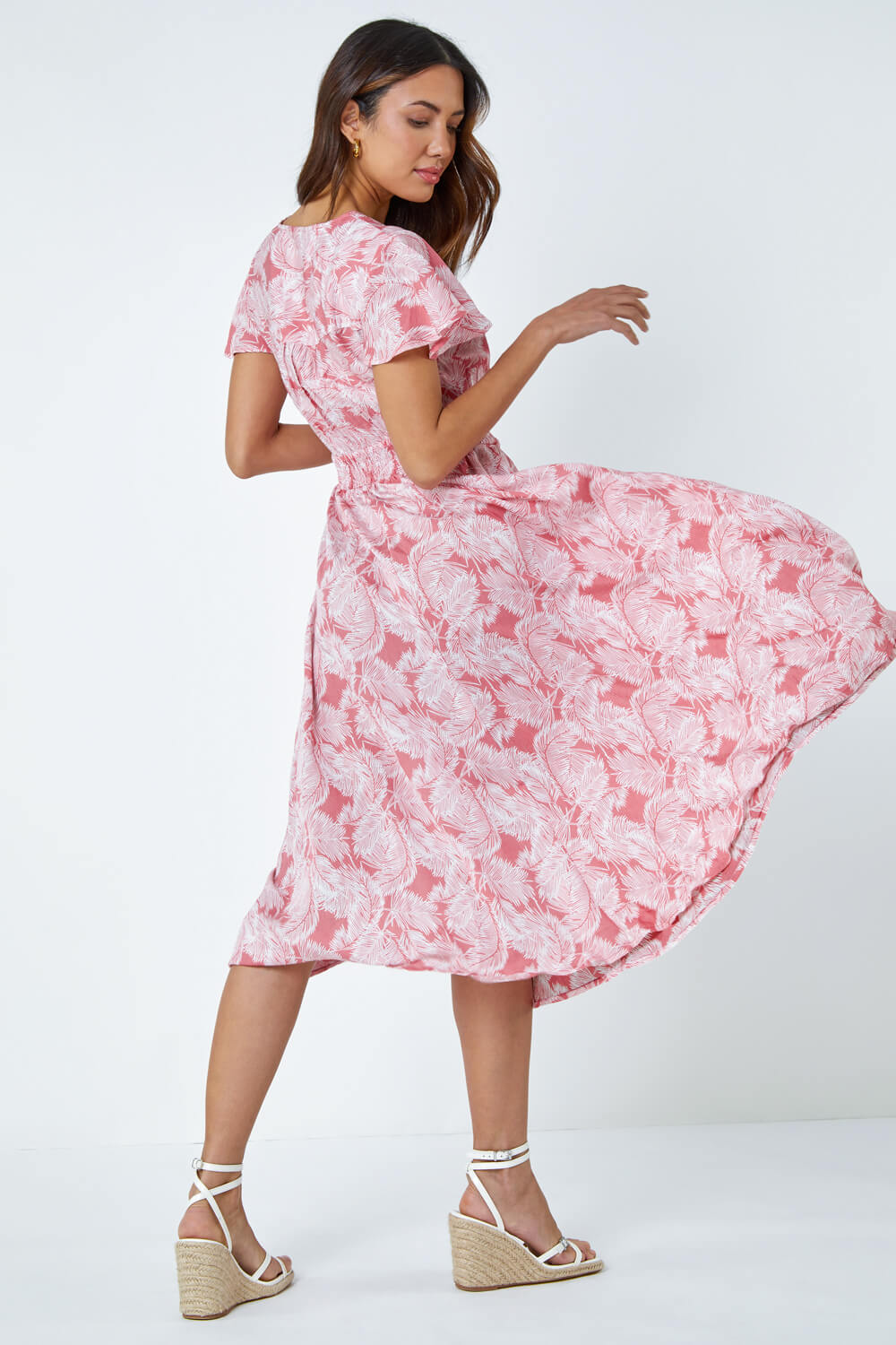 CORAL Palm Print Tiered Midi Dress, Image 3 of 5