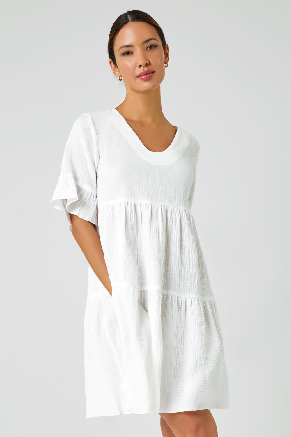 White Cotton Tiered Smock Dress , Image 5 of 7