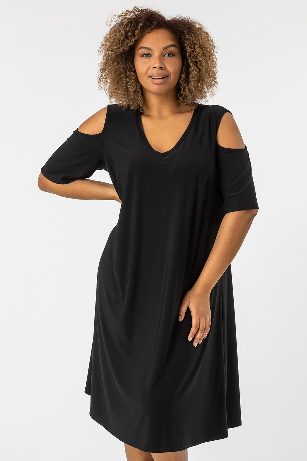 Black Curve Cold Shoulder Jersey Dress, Image 3 of 4