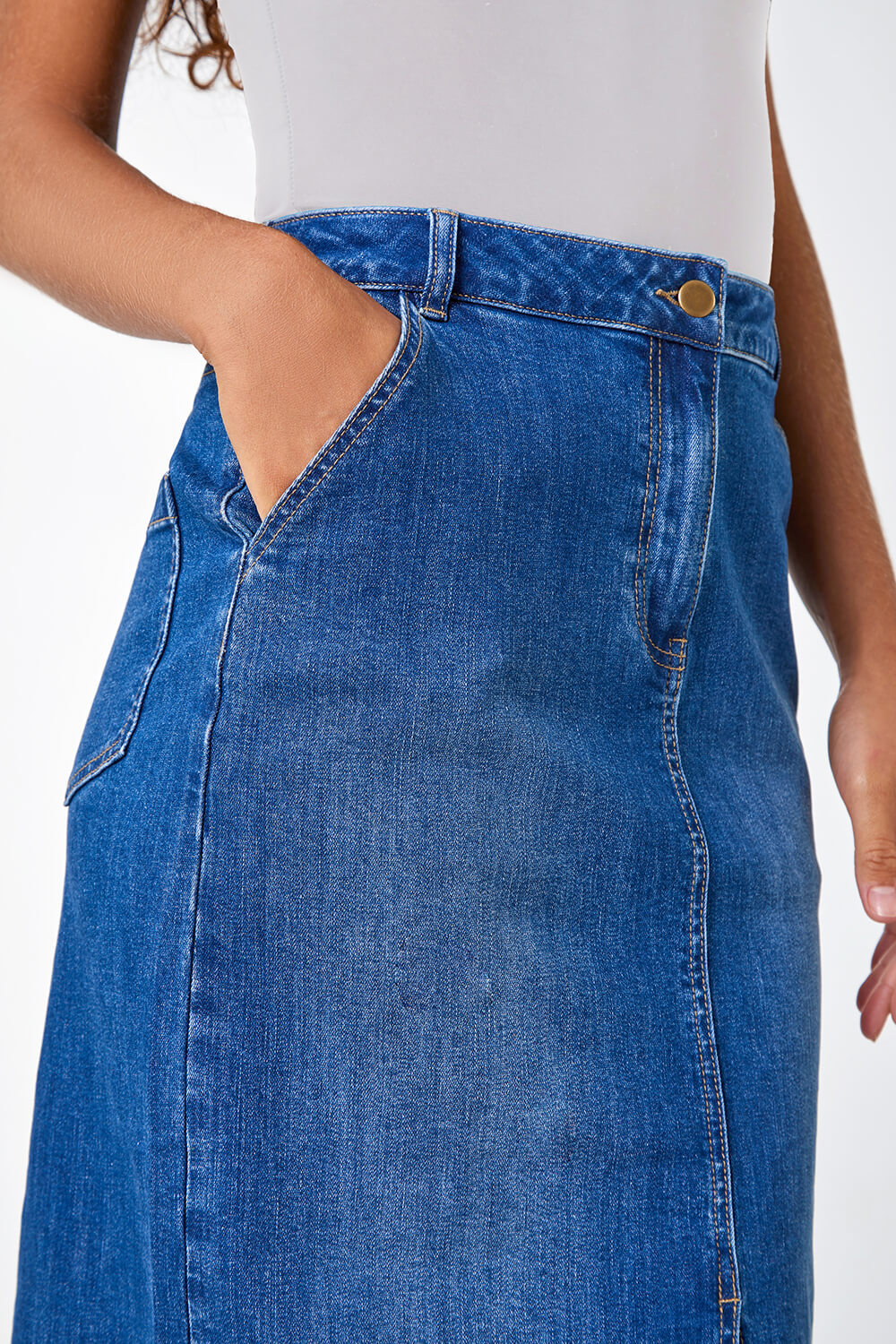 Blue Cotton Blend Denim Stretch Split Midi Skirt | Roman UK
