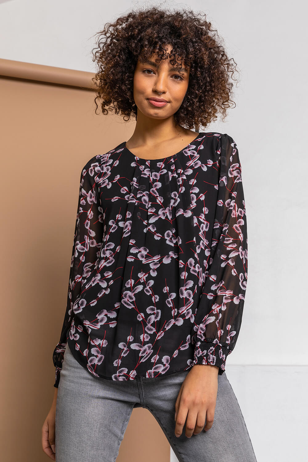 Floral Print Pleated Neck Top