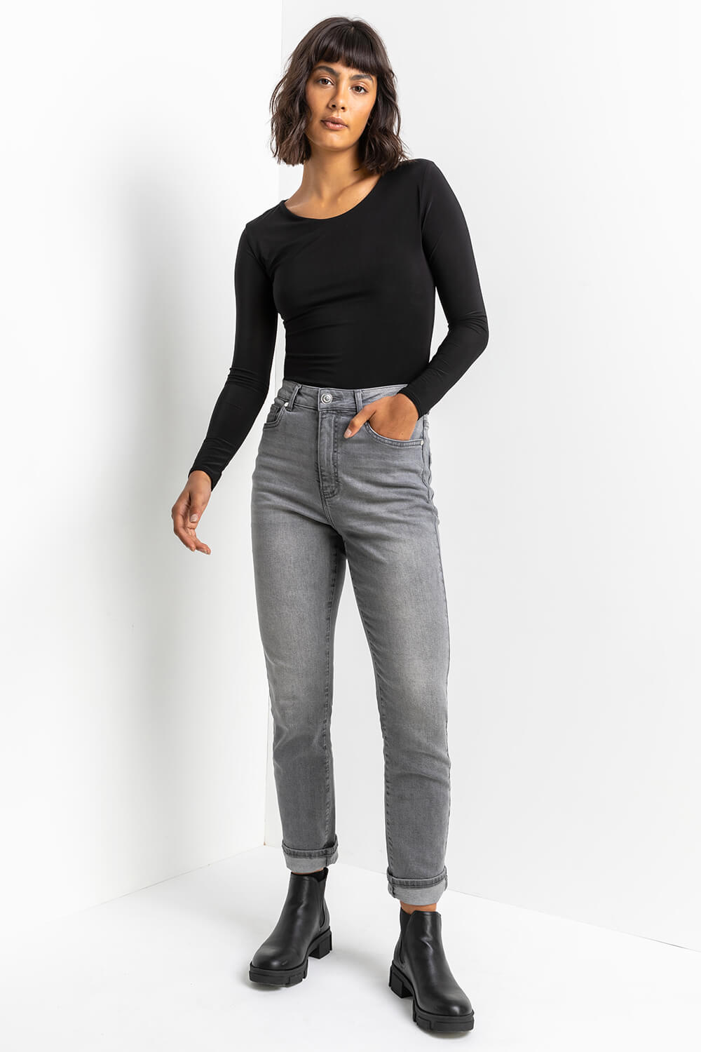 Grey Slim Leg Stretch Mom Jeans, Image 4 of 5