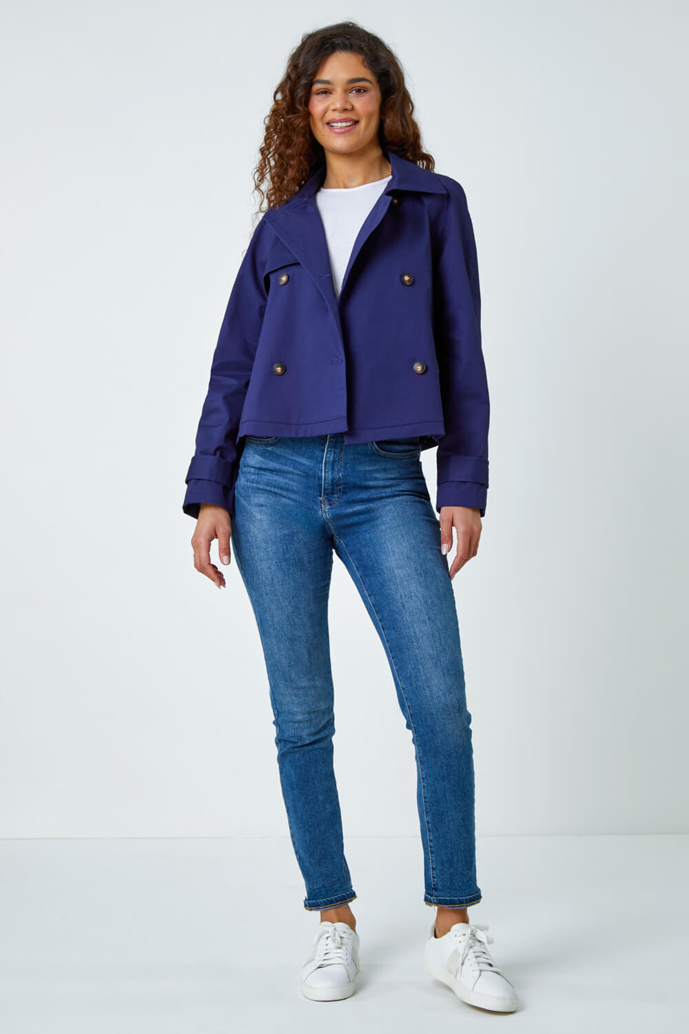 Navy  Cotton Blend Cropped Stretch Trench Coat, Image 2 of 5