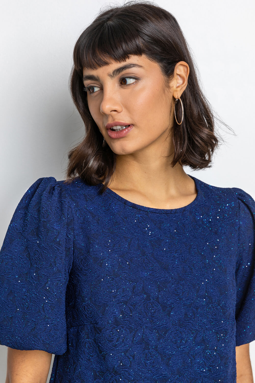 Midnight Blue Floral Jacquard Puff Sleeve Top, Image 4 of 4