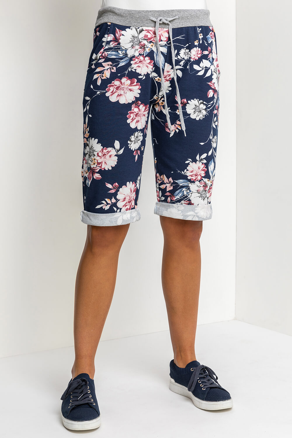Navy  Floral Print Jersey Shorts, Image 2 of 5