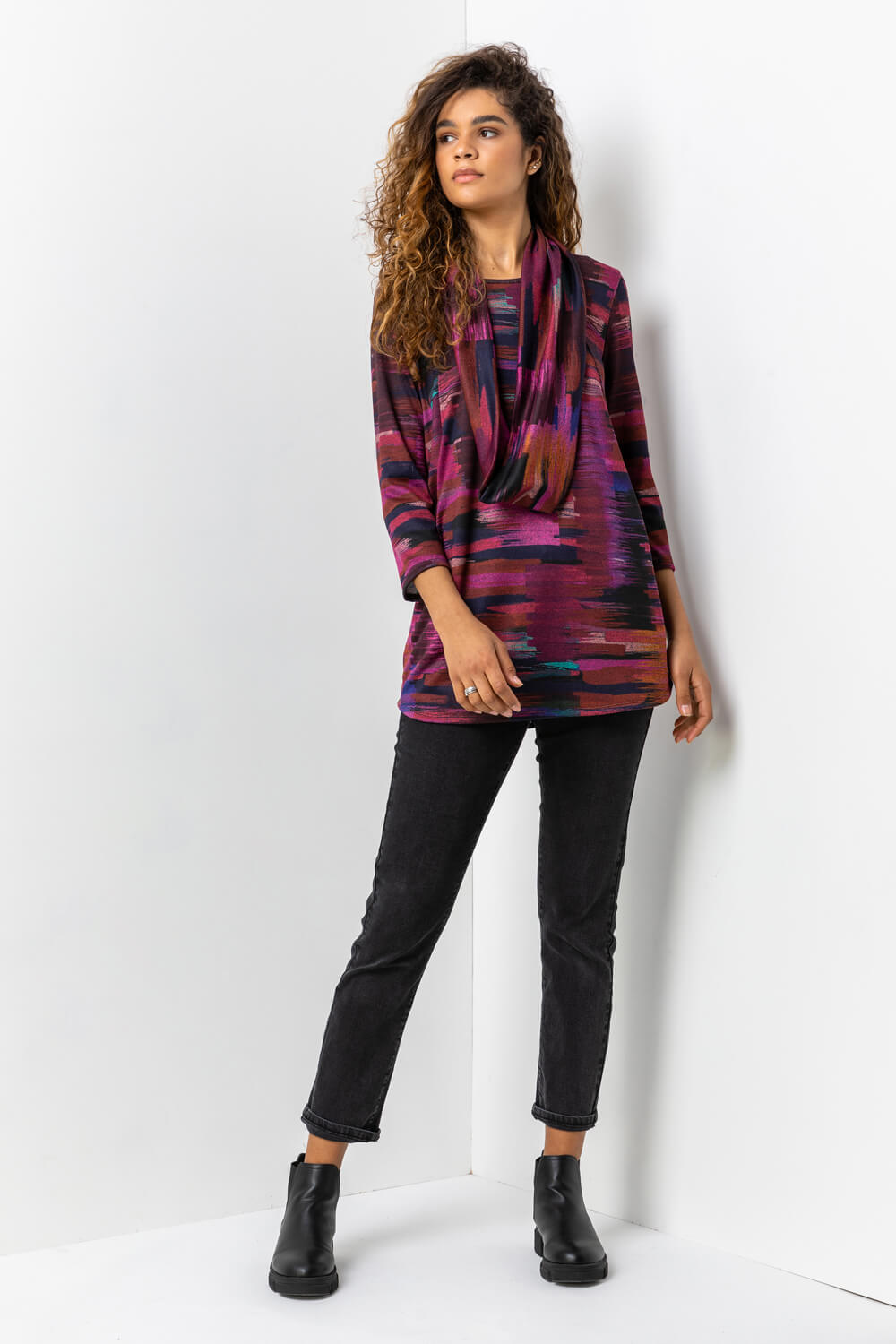 Purple Abstract Print Pocket Top with Snood, Image 3 of 4