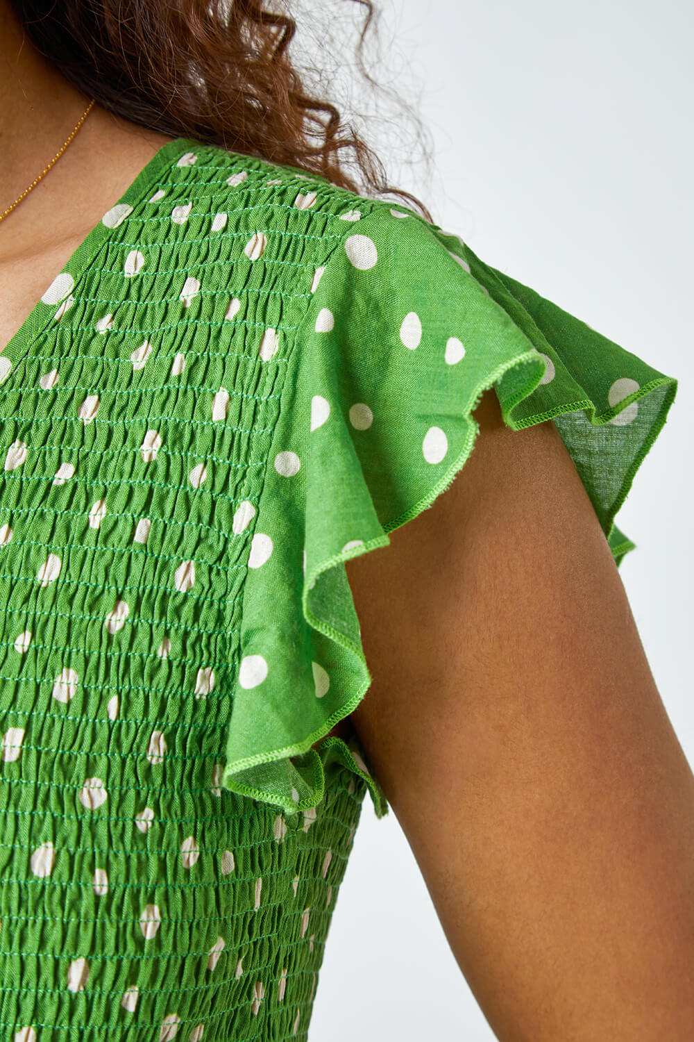 Green Frill Sleeve Spot Shirred Midi Dress, Image 5 of 5