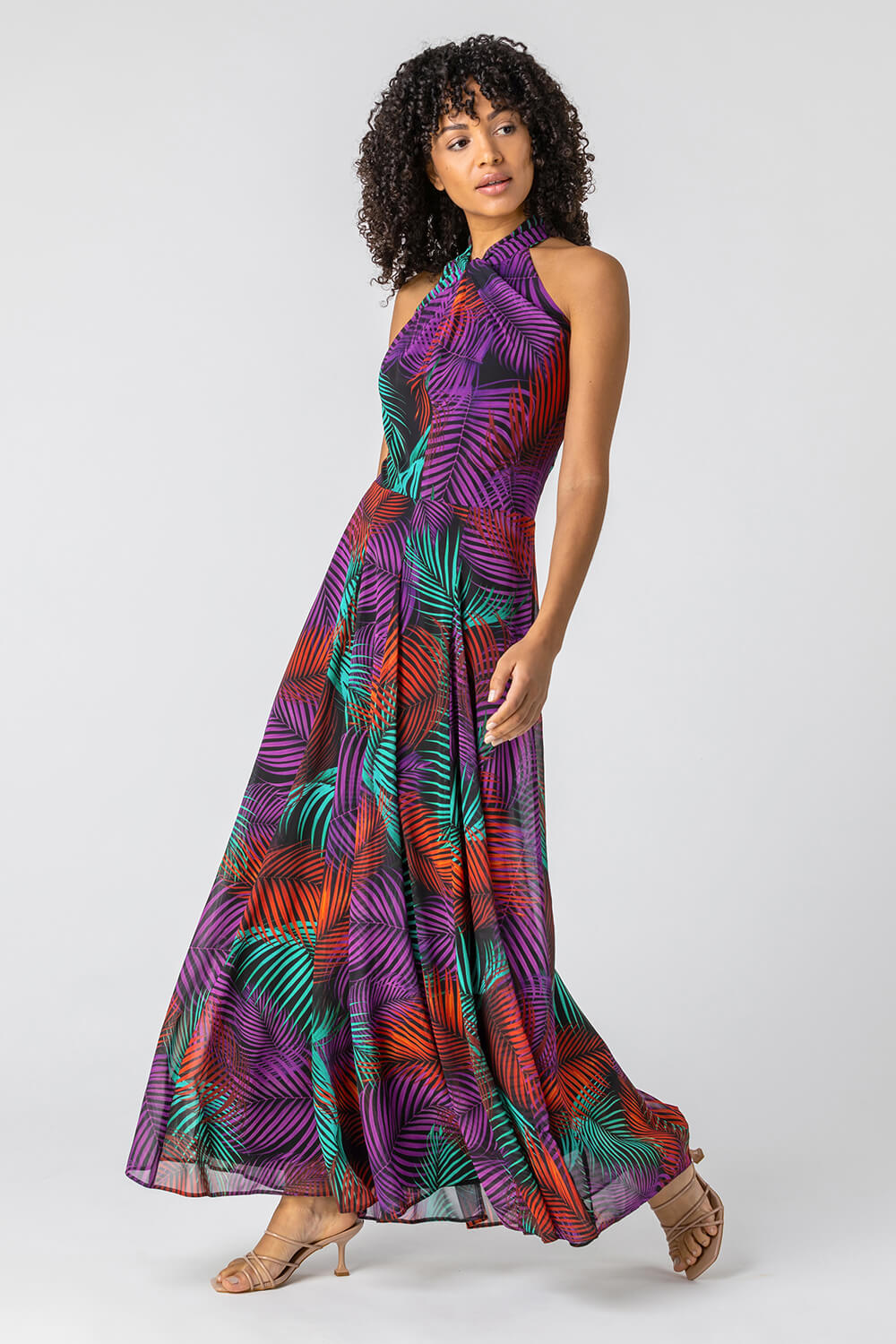 Purple Tropical Print Halter Neck Maxi Dress, Image 3 of 4