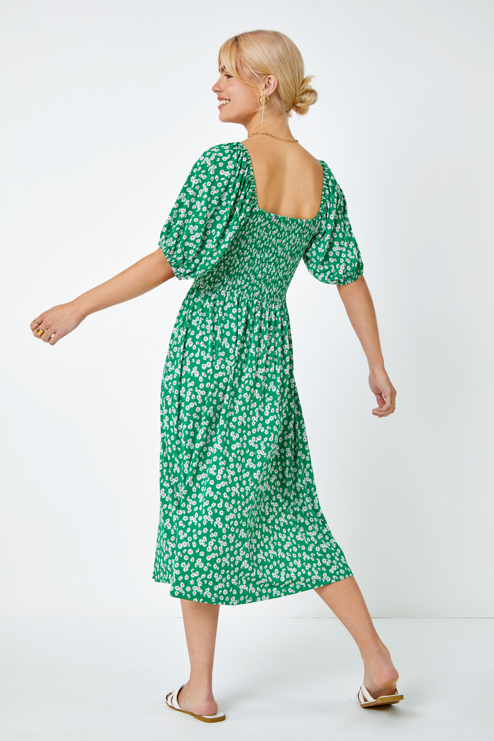 Green Ditsy Floral Print Shirred Dress, Image 3 of 5
