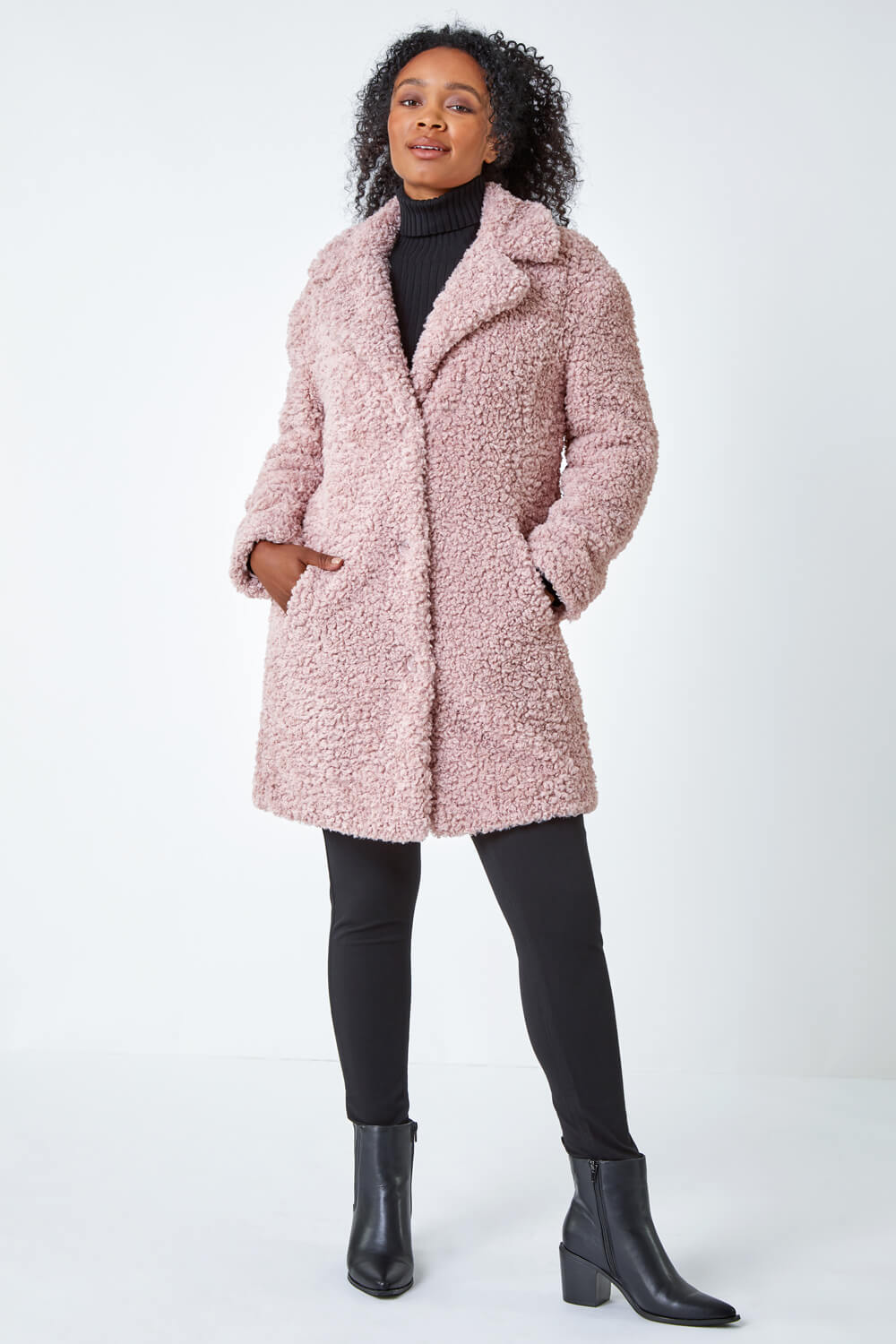 Light Pink Petite Longline Teddy Coat | Roman UK