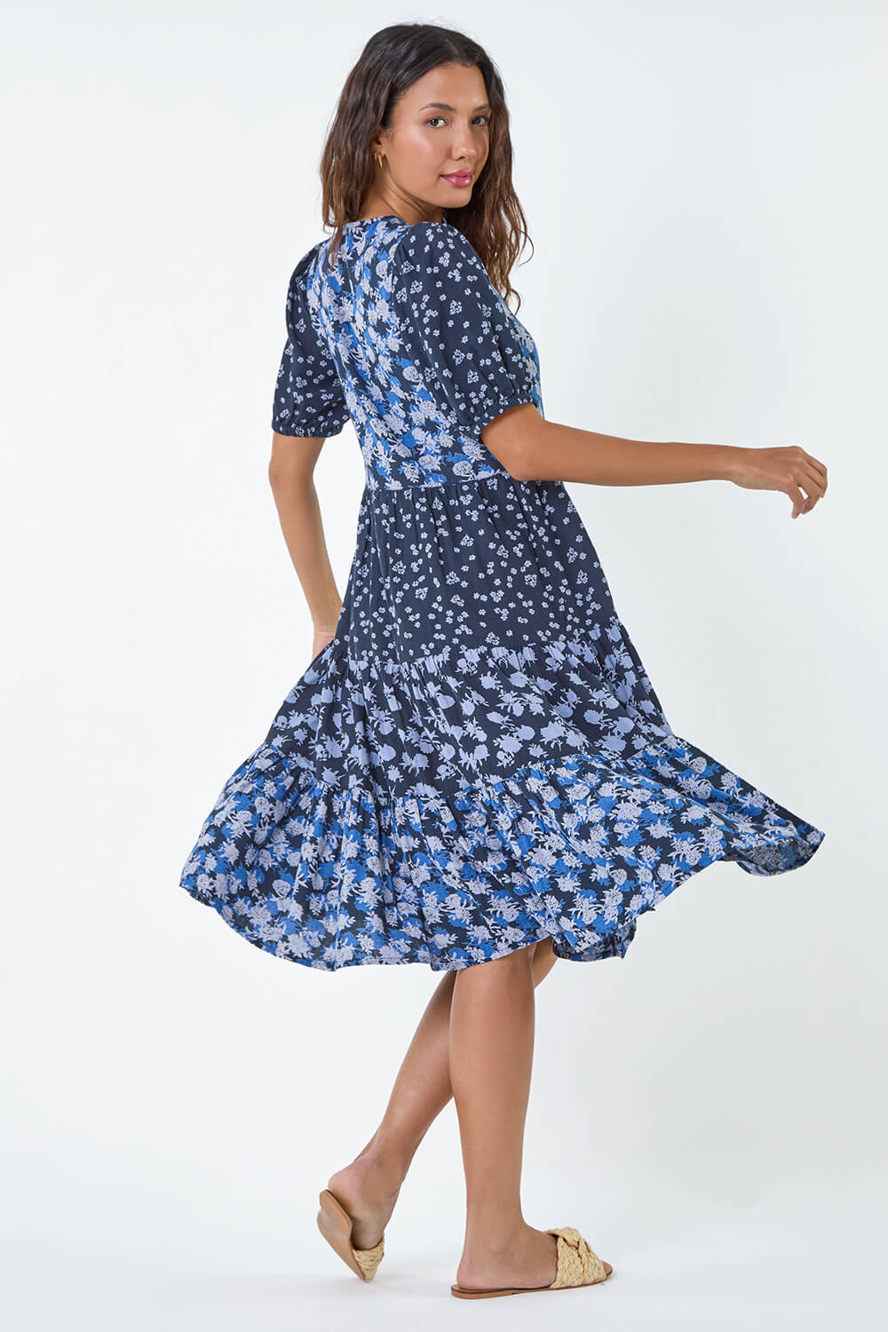 Navy  Floral Cotton Blend Tiered Smock Dress, Image 3 of 5