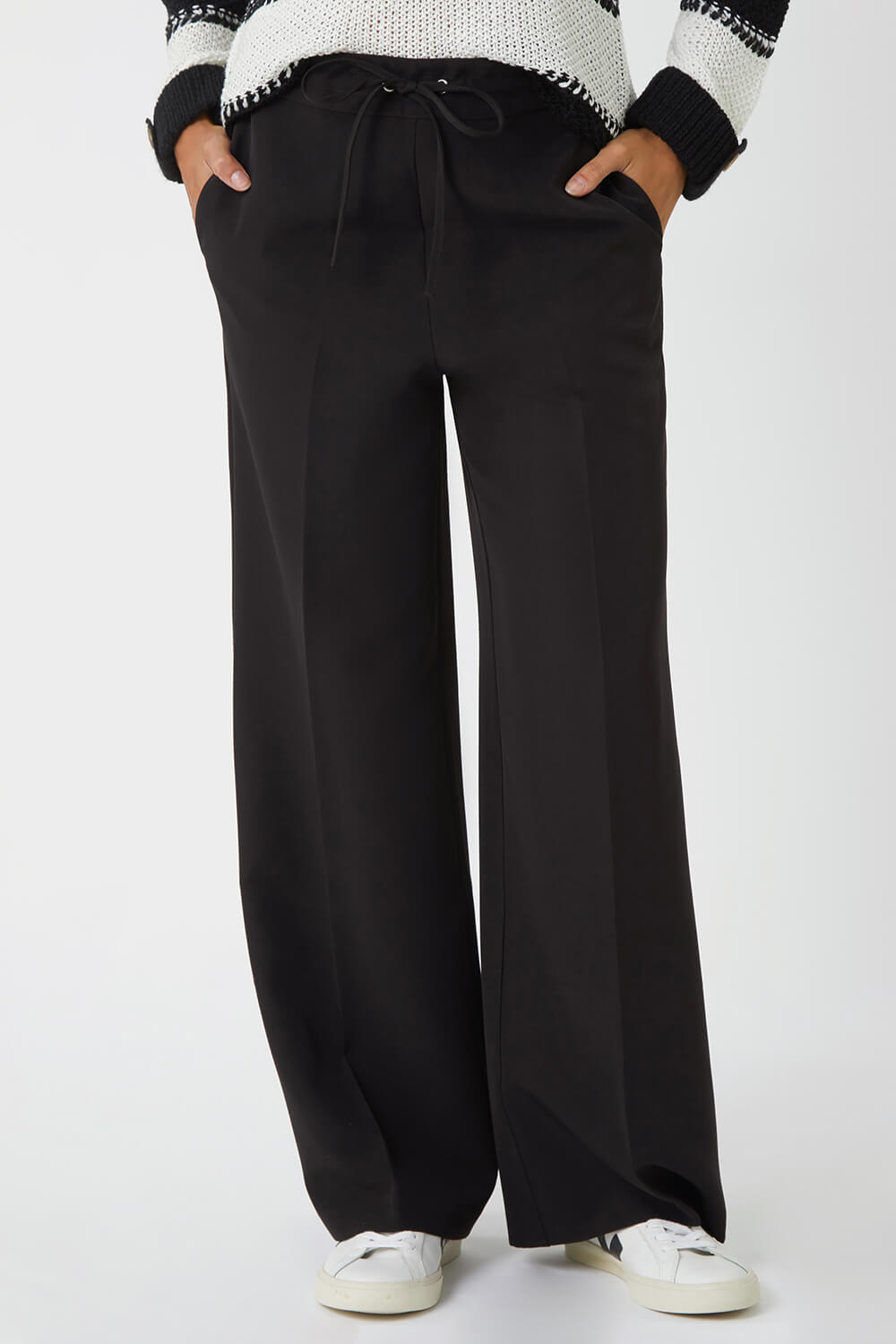 Black Wide Leg Tie Front Stretch Trouser, Image 2 of 5