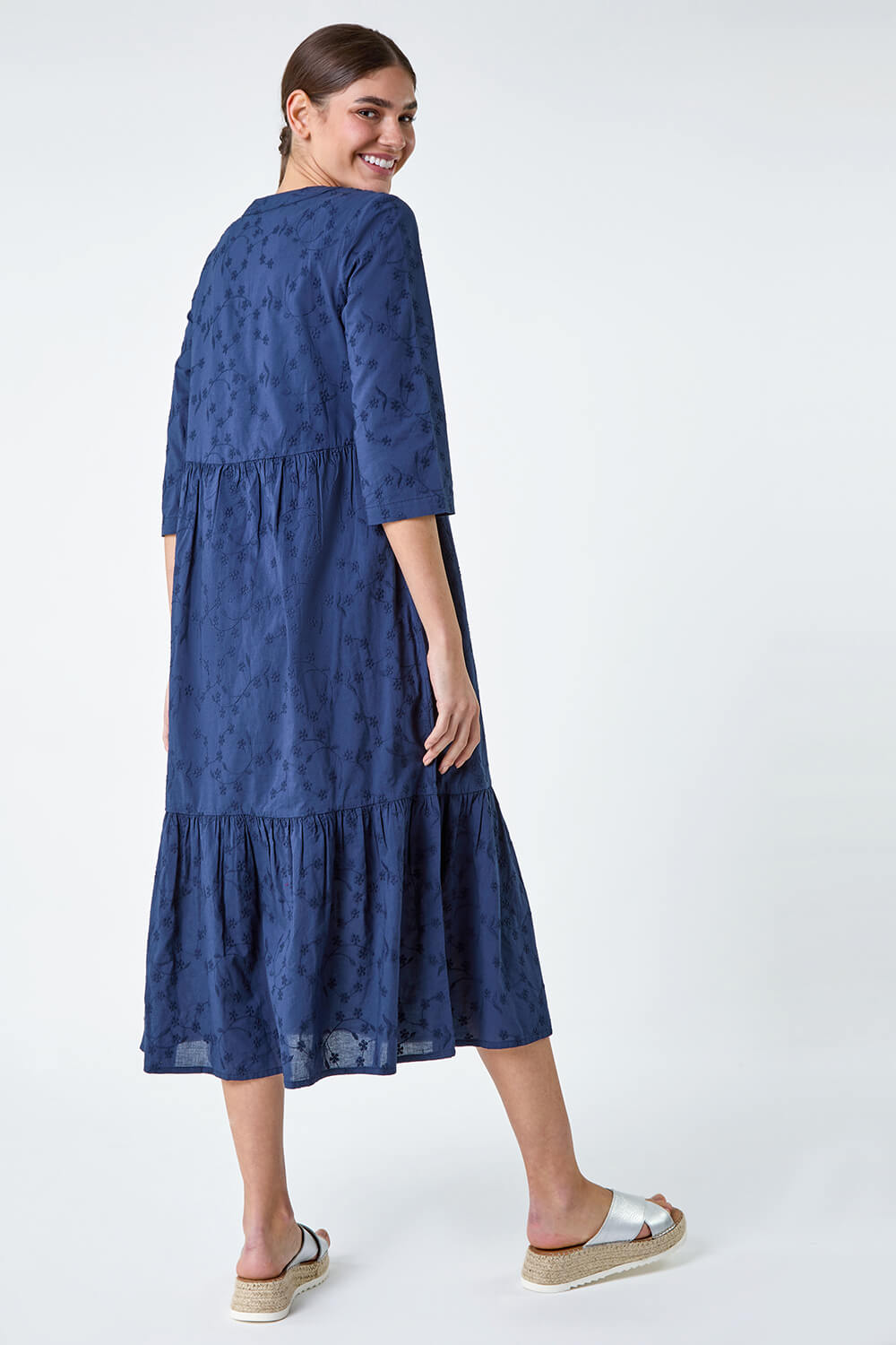 Navy  Embroidered Tiered Cotton Midi Dress, Image 5 of 5