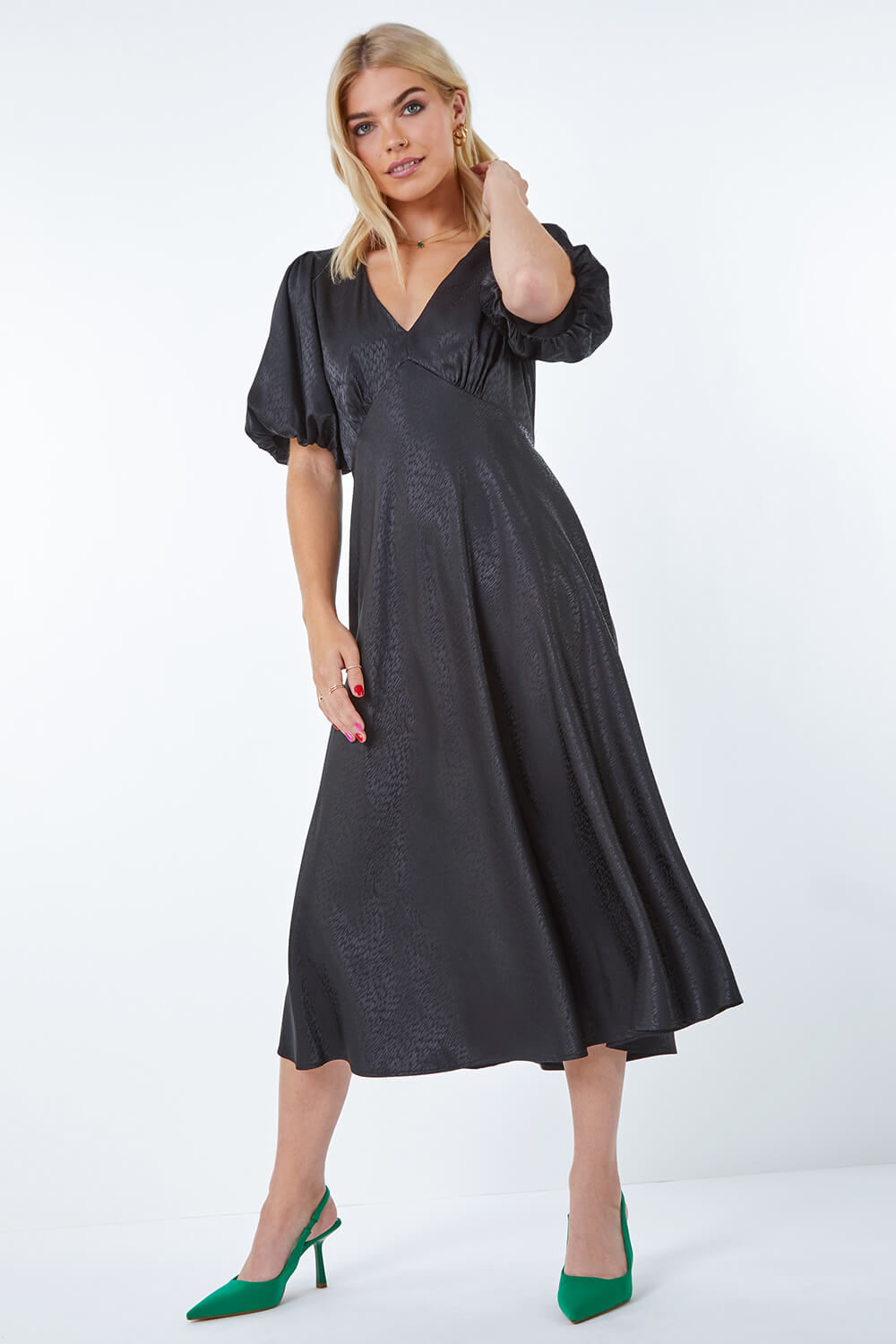 Black Puff Sleeve Satin Midi Dress, Image 2 of 5