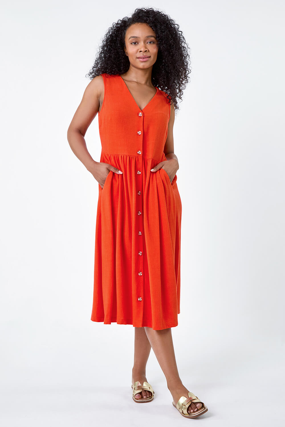 Orange Linen Blend Ruched Midi Dress