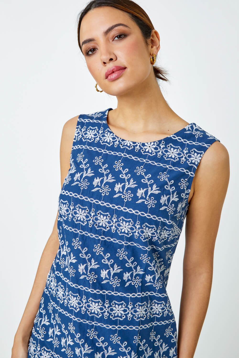Navy  Embroidered Cotton Shift Dress, Image 4 of 5