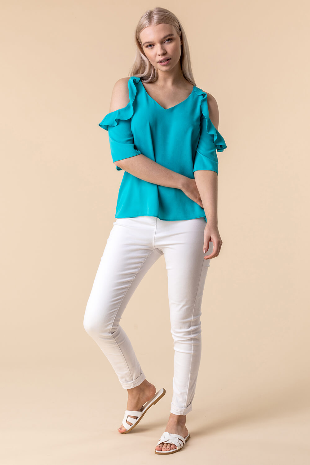 Turquoise Frill Sleeve Cold Shoulder Top, Image 3 of 4