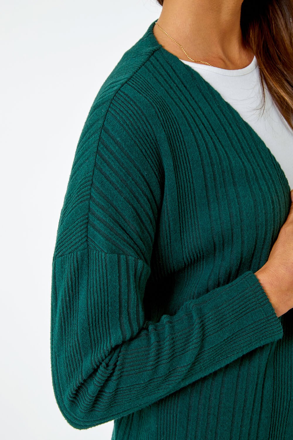 Green Ribbed Longline Stretch Knit Cardigan, Image 5 of 5