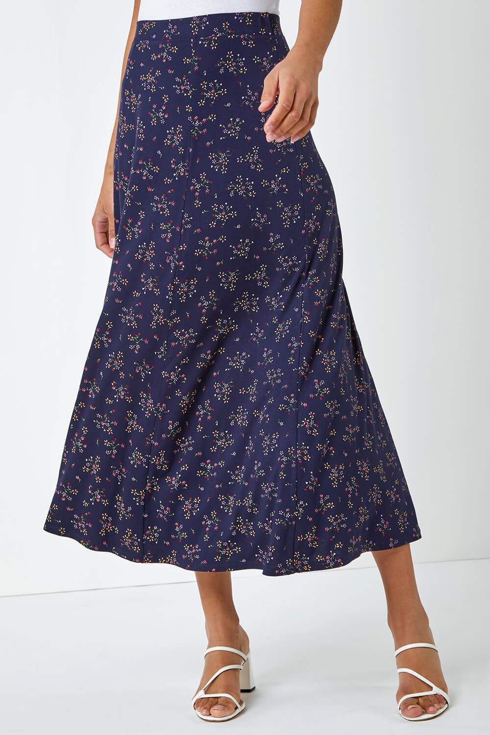 Floral Print Stretch Midi Skirt in Navy - Roman Originals UK