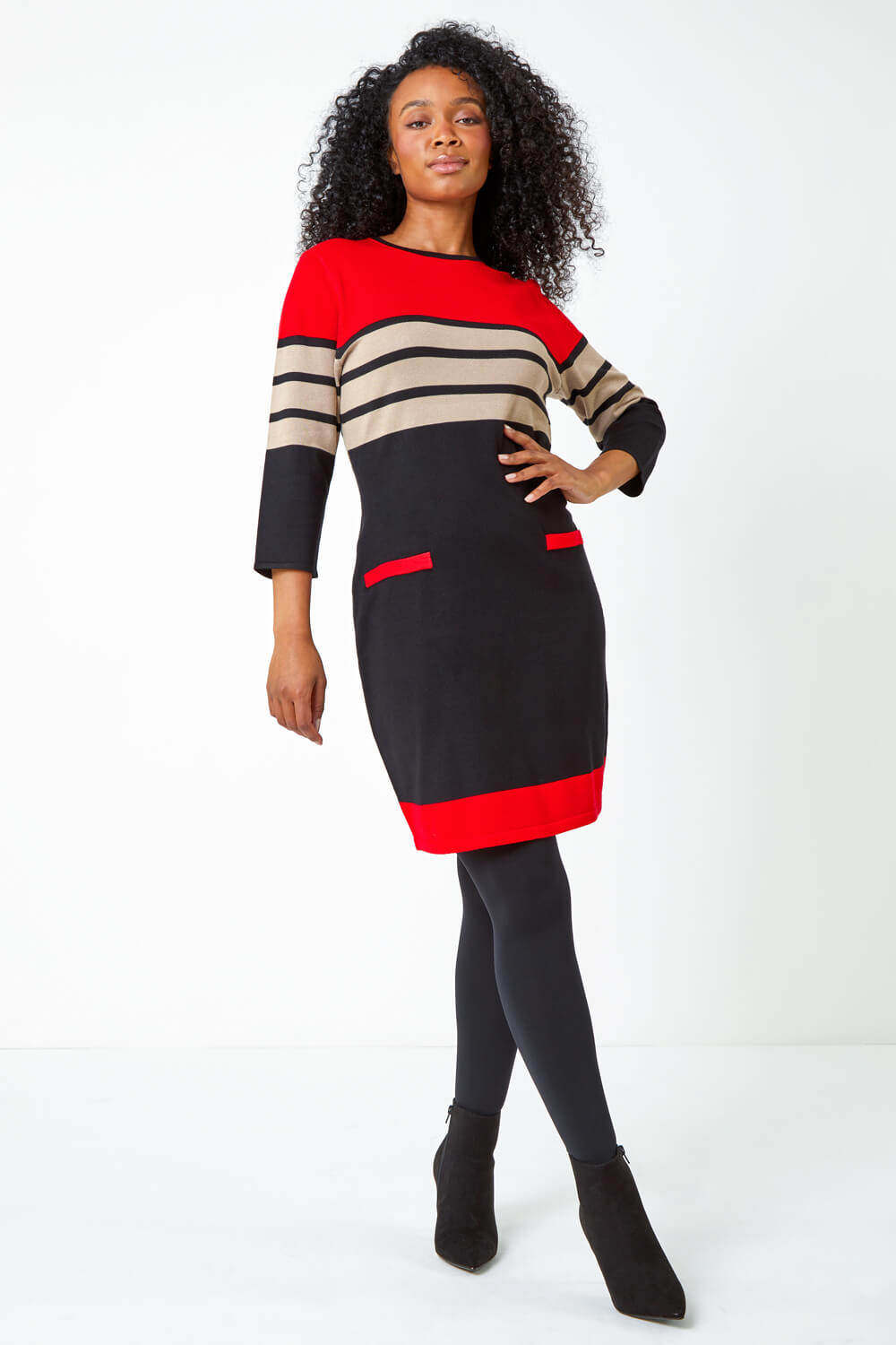 Red Petite Stripe Print Pocket Jumper Dress, Image 2 of 5
