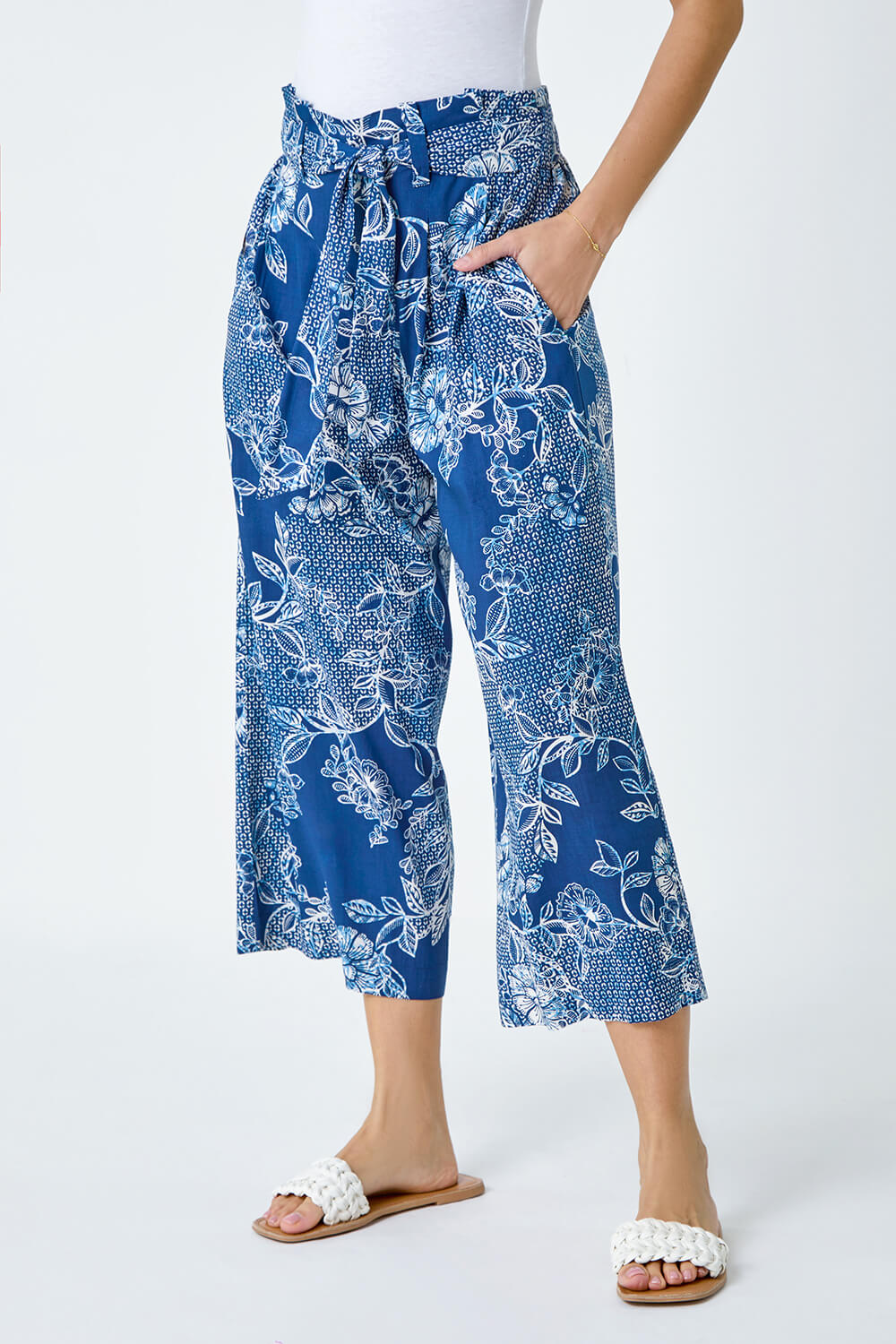 Blue Floral Print Cropped Tie Trousers, Image 4 of 5