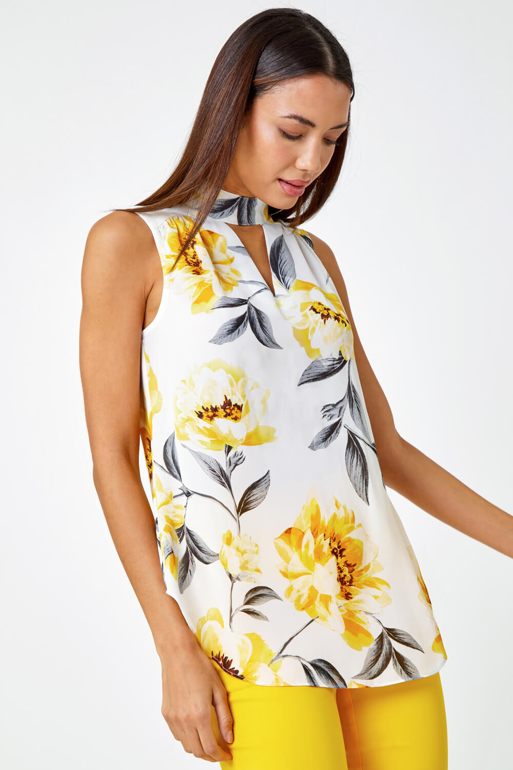 Yellow Floral Print High Neck Sleeveless Top, Image 2 of 5