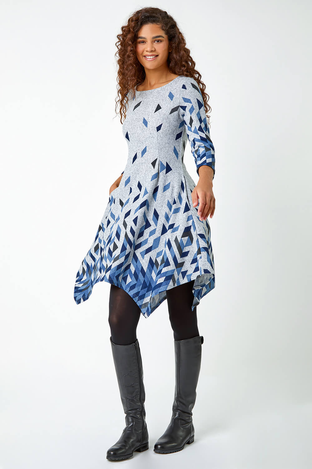 Blue Geometric Print Panelled Stretch Dress, Image 2 of 5
