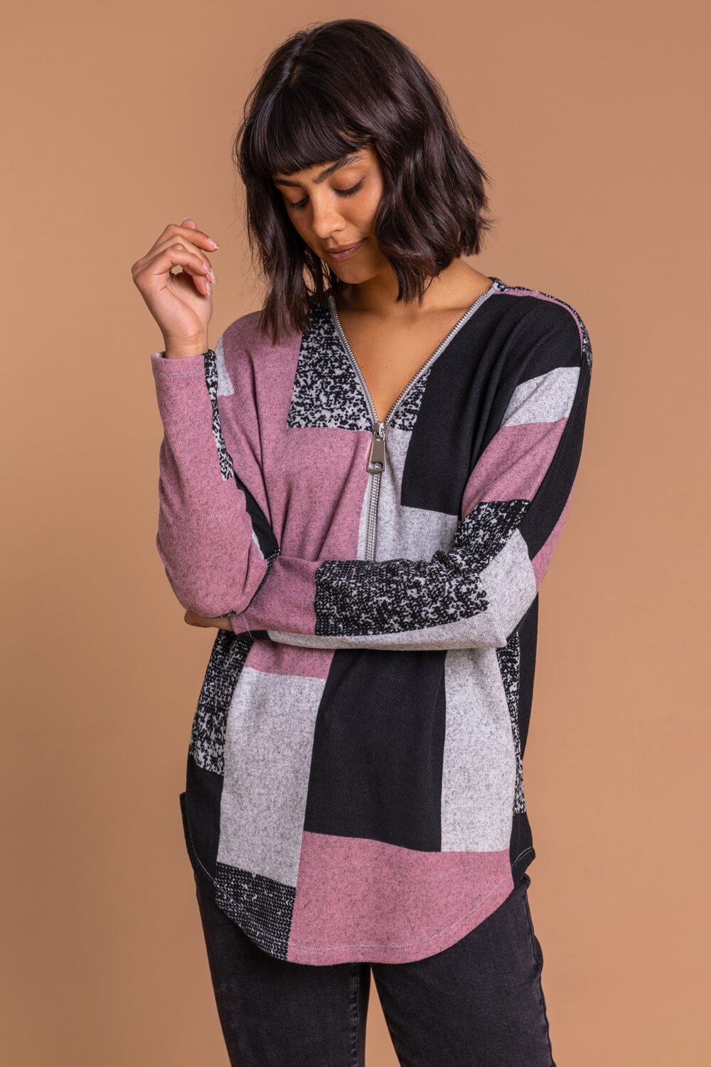 PINK Colour Block V Neck Zip Detail Long Sleeve Top , Image 5 of 5