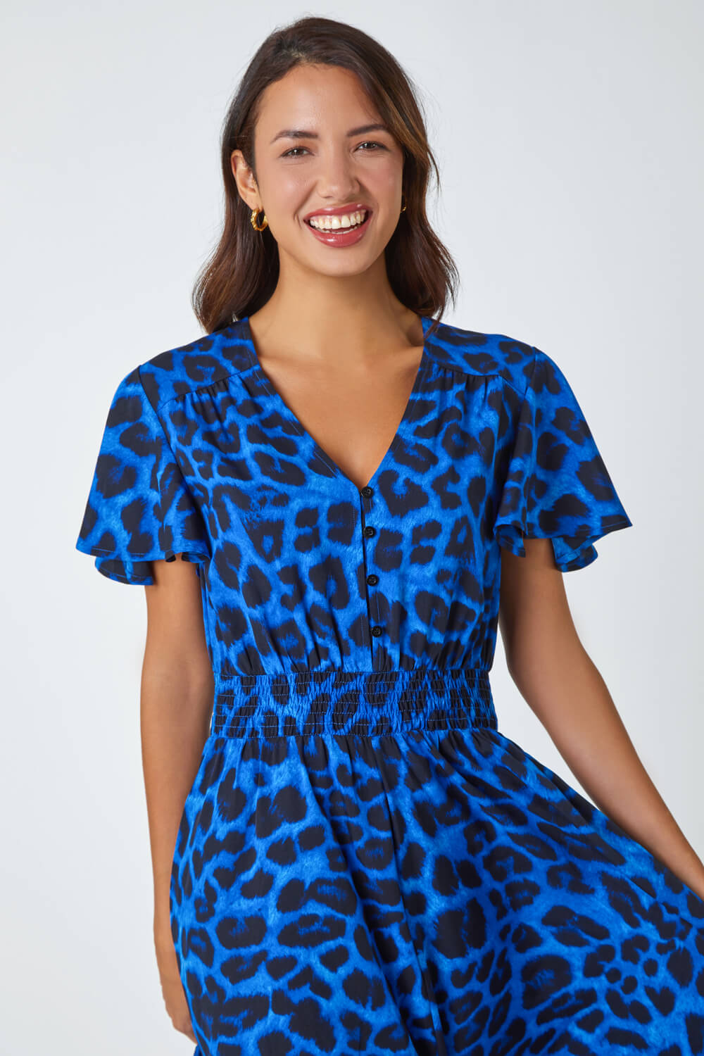 Royal Blue Leopard Print Midi Stretch Dress, Image 4 of 5