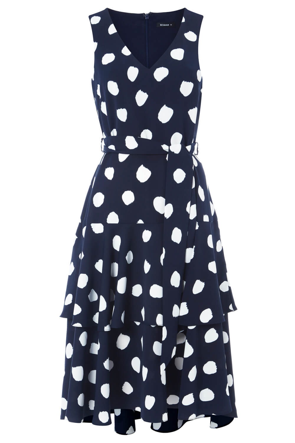 Navy  Spot Frill Tiered Belted Dress, Image 5 of 5