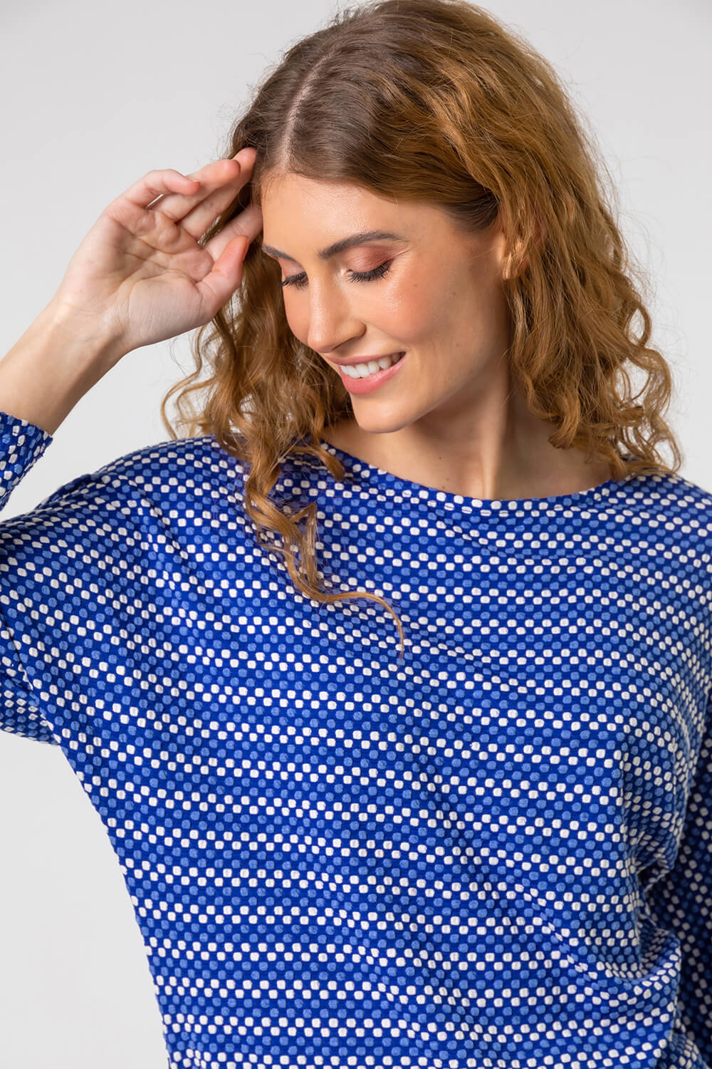 Royal Blue Textured Spot Print Stretch Top, Image 4 of 4