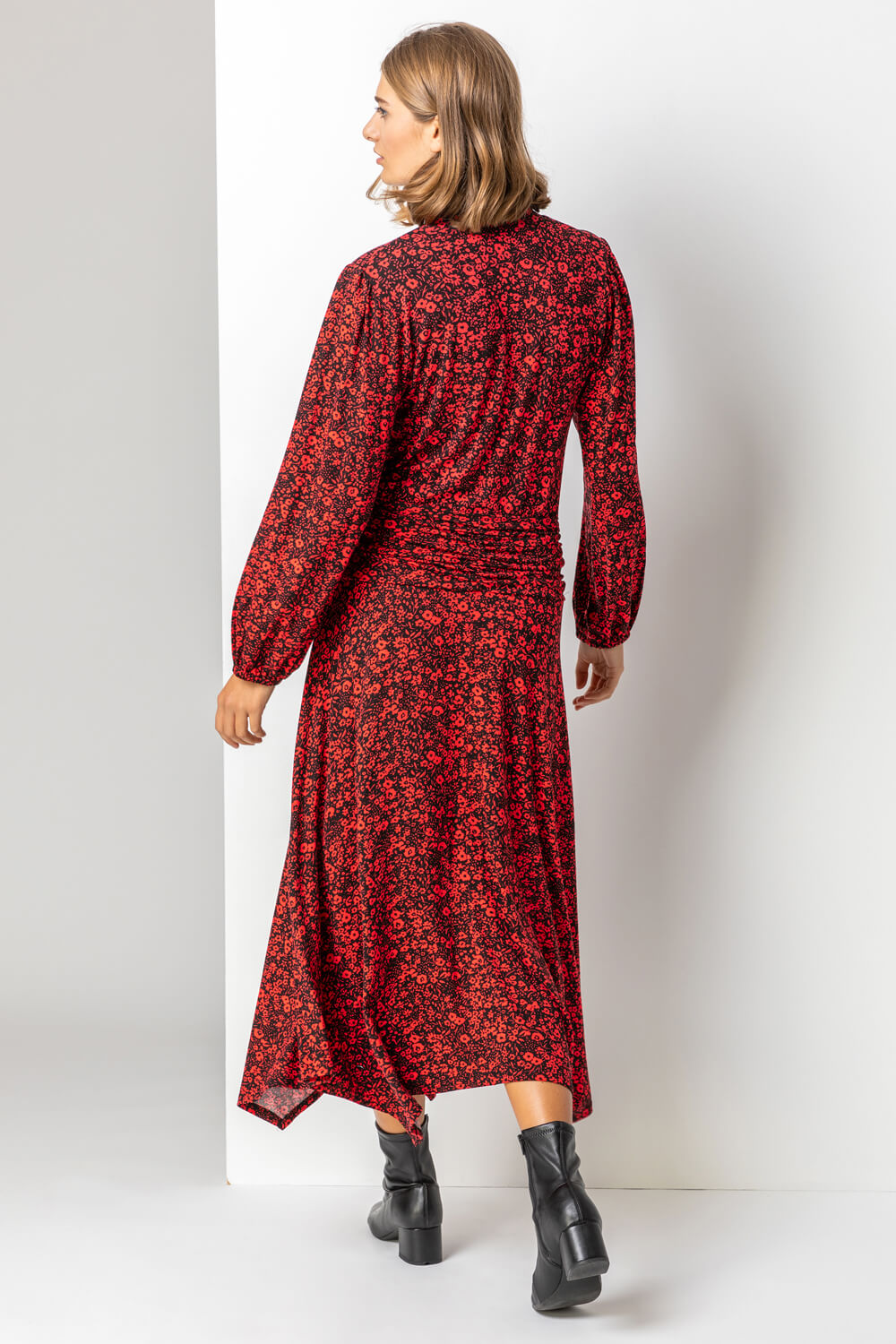 Red Floral Print Pleat Detail Midi Dress, Image 2 of 4