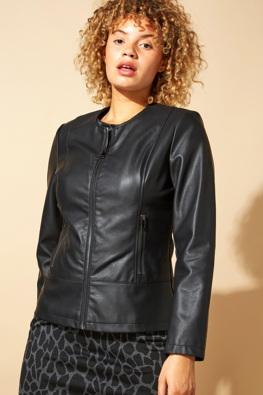 Black Collarless Faux Leather Biker Jacket, Image 4 of 4