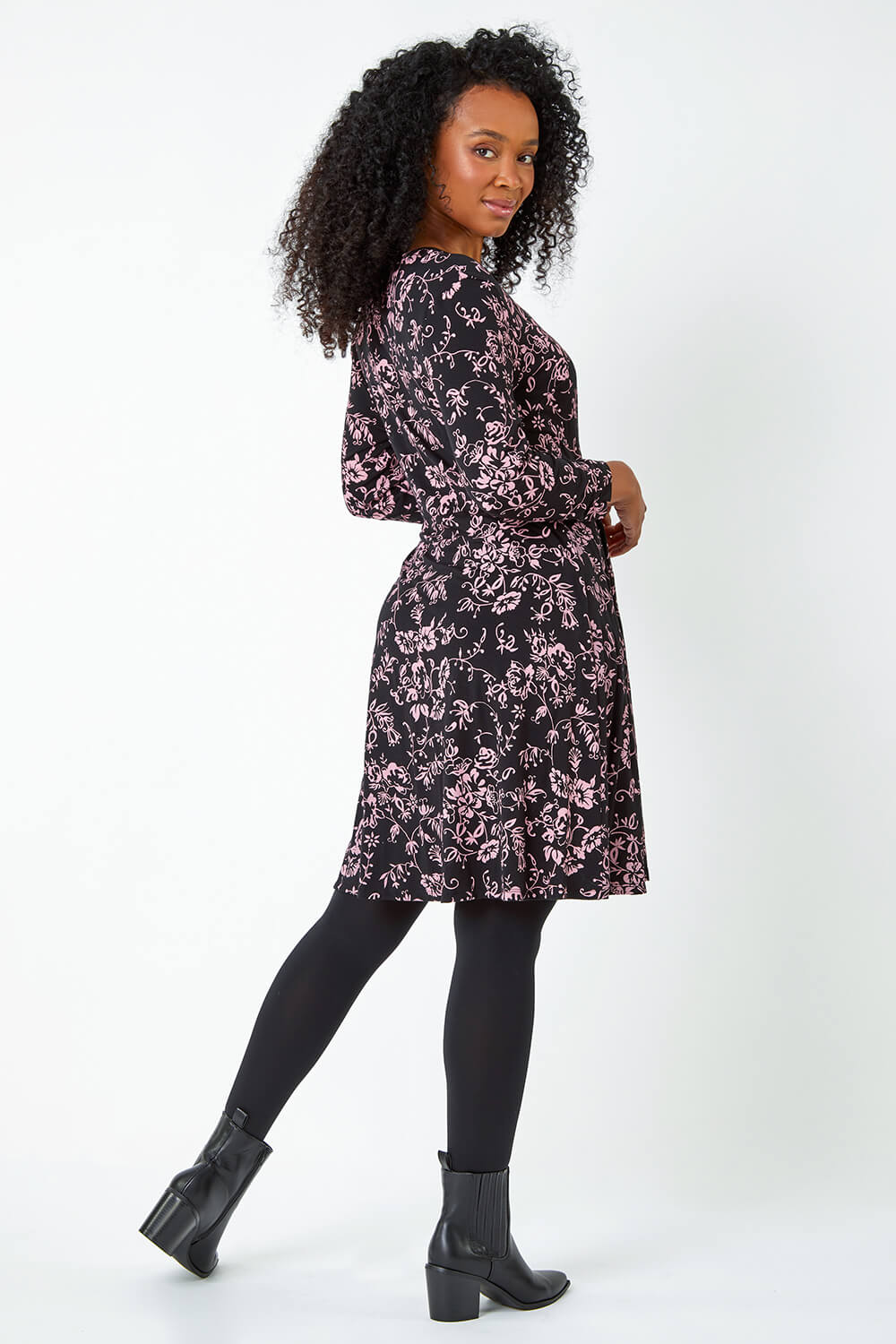 Black Petite Floral Mock Wrap Stretch Dress, Image 3 of 5
