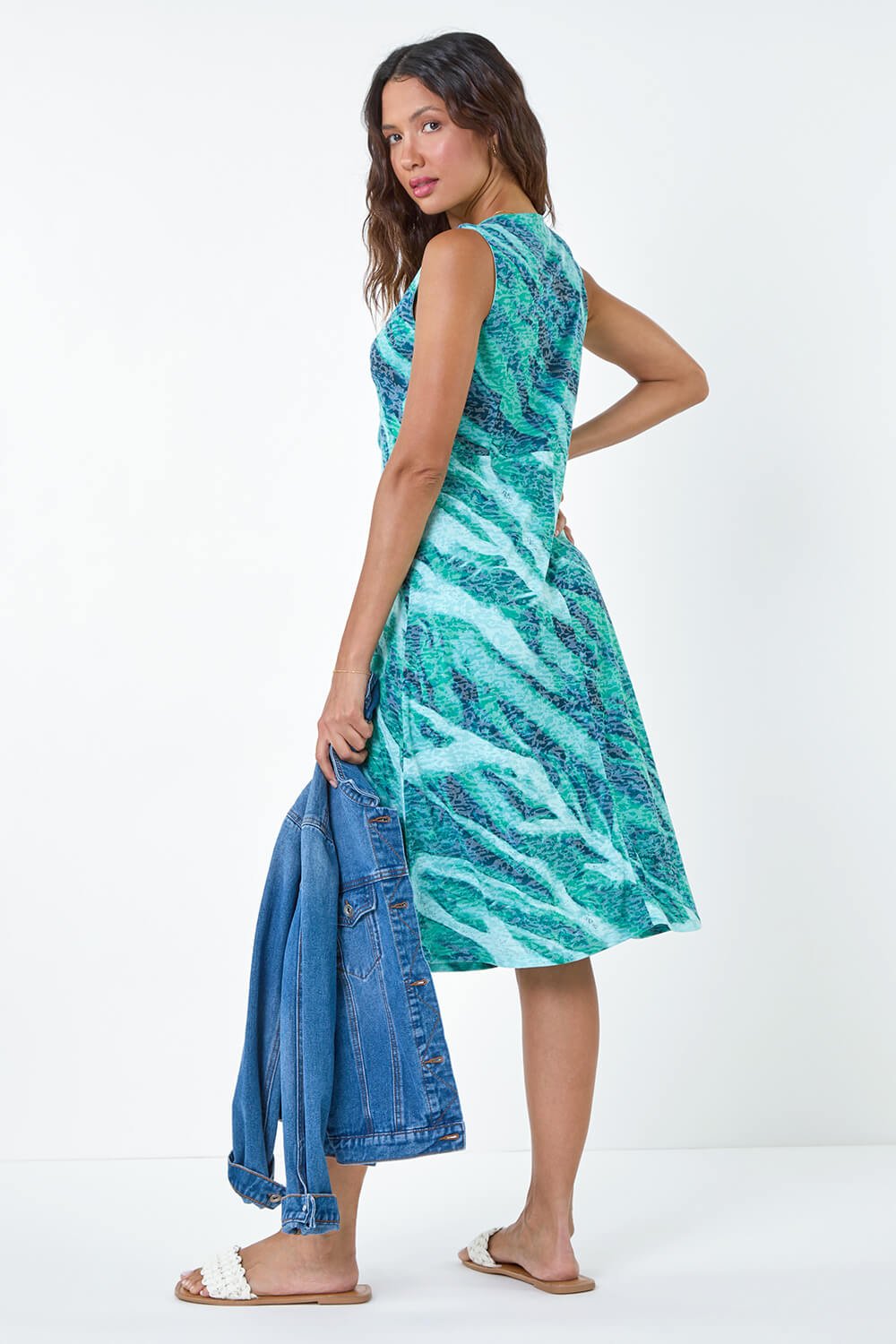 Green Burnout Abstract Knot Front Stretch Dress, Image 3 of 5