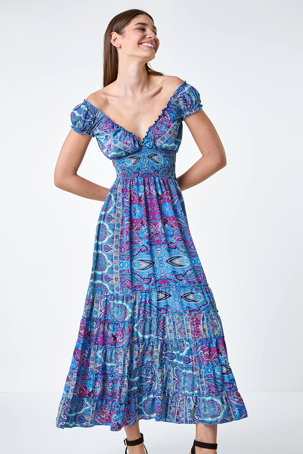 Blue Paisley Print Shirred Frill Maxi Dress, Image 4 of 6