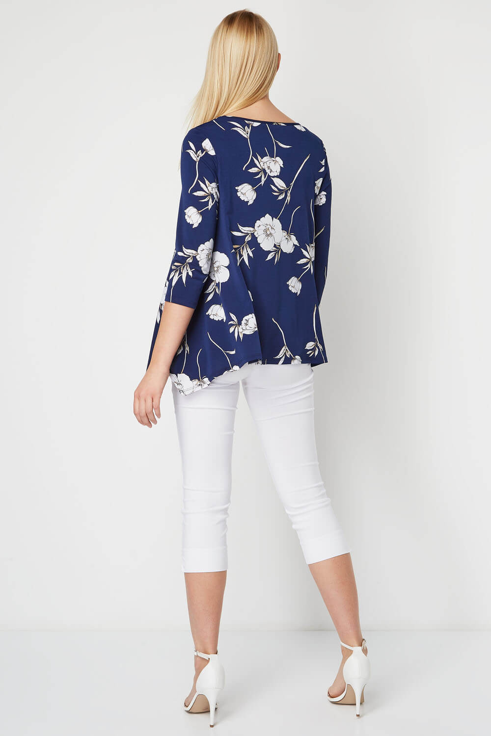 Navy  Floral 3/4 Sleeve Smock Top, Image 3 of 8