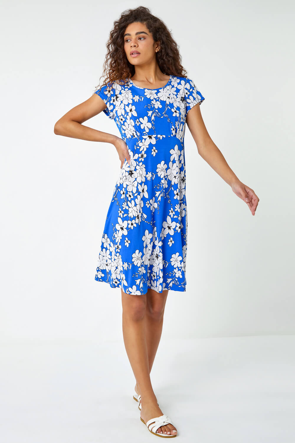 Royal Blue Textured Floral Print Tea Dress, Image 2 of 5