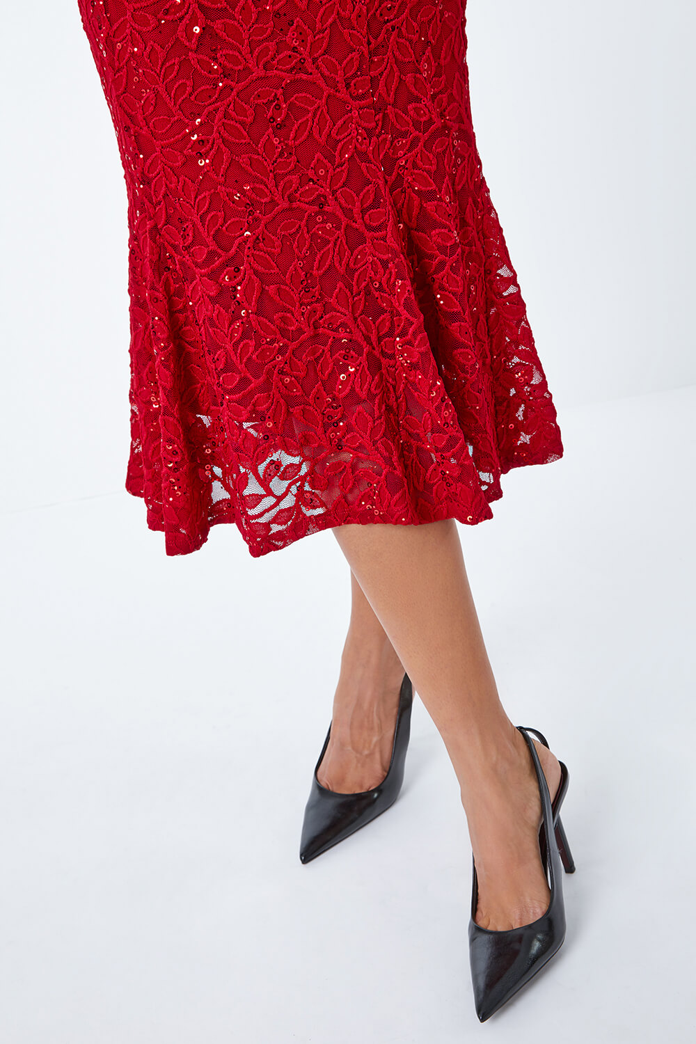 Red Leaf Lace Sequin Midi Dress, Image 5 of 5