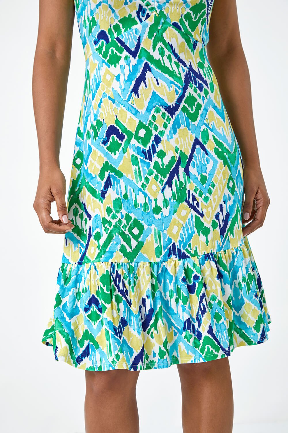 Blue Aztec Print Stretch Frill Hem Dress, Image 5 of 5