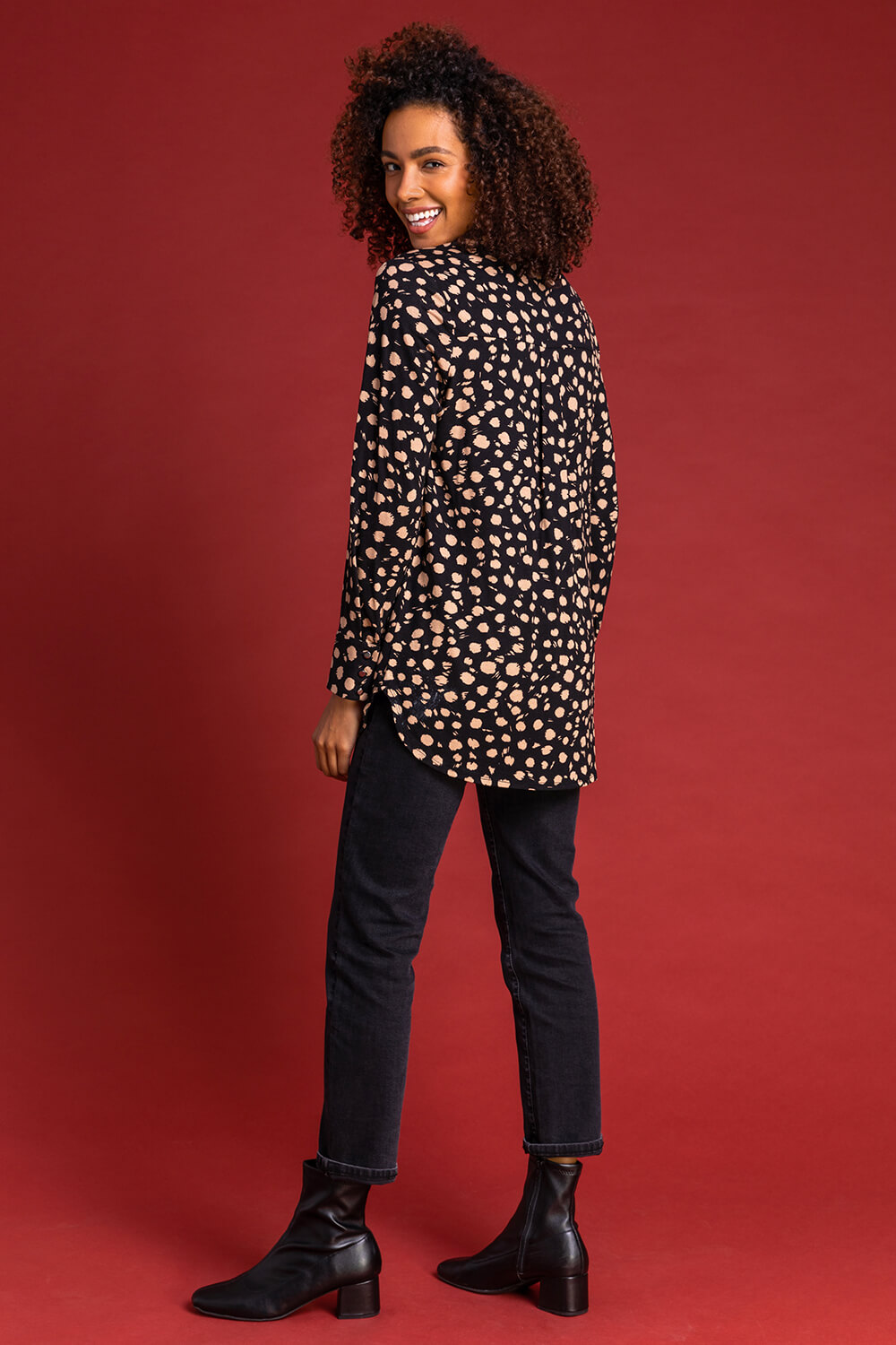 Black Spot Print Button Up Long Sleeve Blouse, Image 2 of 4
