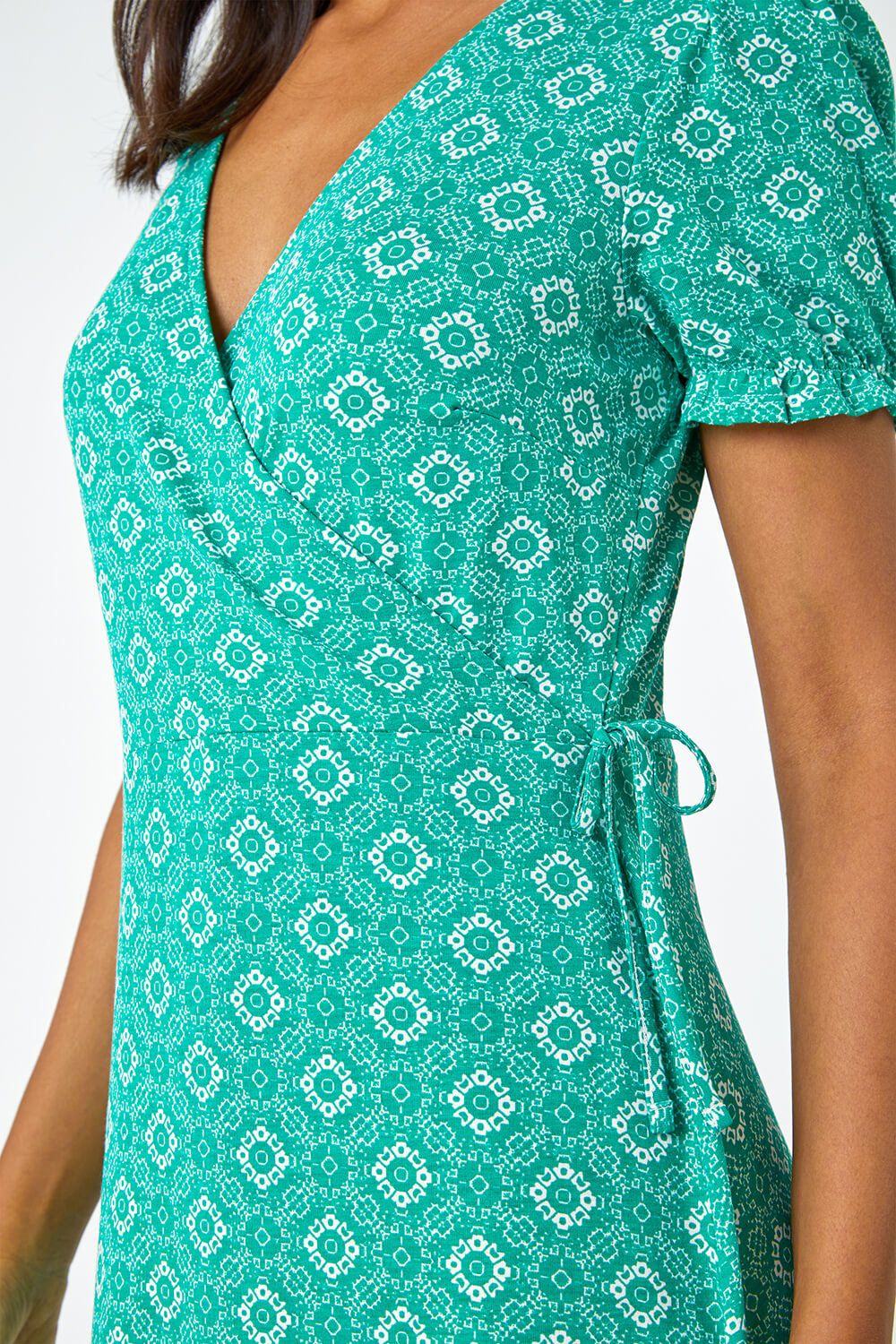 Green Geo Print Stretch Wrap Midi Dress, Image 5 of 5