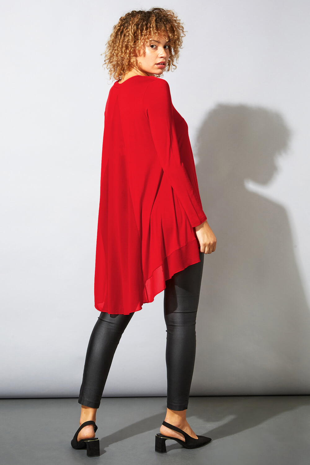 Red Floaty Long Sleeve Dipped Hem Chiffon Detail Top, Image 2 of 5